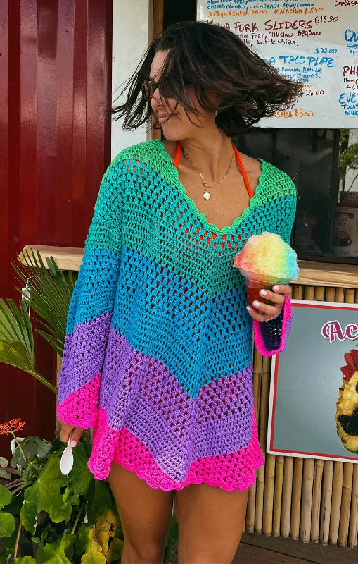 Paula V Neck Pullover ~ Chevron Stripe Crochet Notched Neck Pullover