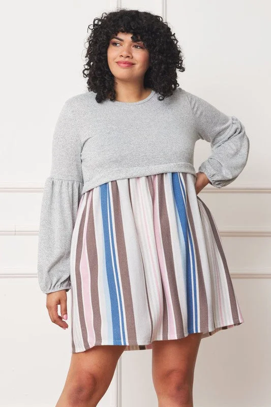 Plus Size Balloon Long Sleeves Pullover Knee Dress Lapel Neck Sweater