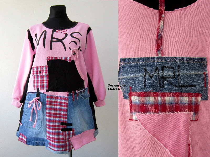 Plus Size 2XL Upcycled Pink Cotton Sweatshirt Dress Hoodie with Print Artistic Unique