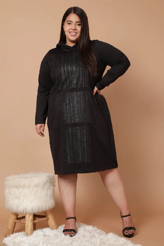 Plus Size Black Party Sweatshirt Hoodie Winter Dress Hoodie with Hem Drawcord Adjustable Customizable