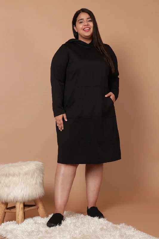 Plus Size Black Sweatshirt Hoodie Winter Dress Hoodie with Hem Elastic Stretchable Comfortable
