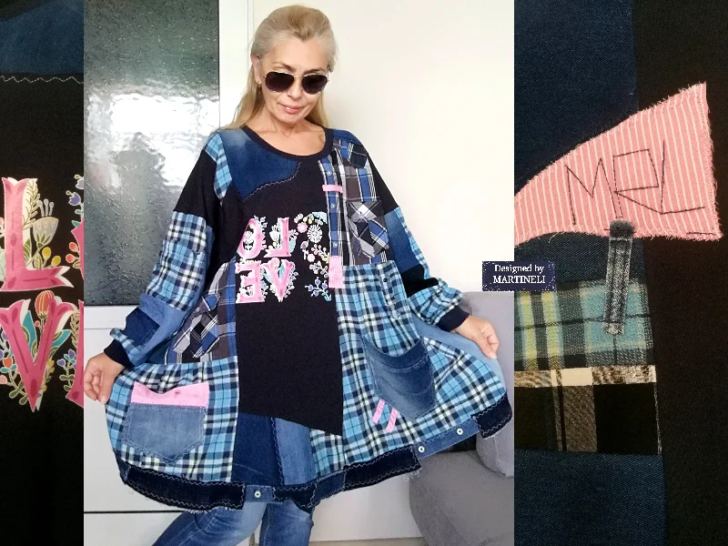 Plus Size Boho Shirt Dress 4X Maxi Denim Sweatshirt Dress Hoodie with Mock Neck Collared Structured