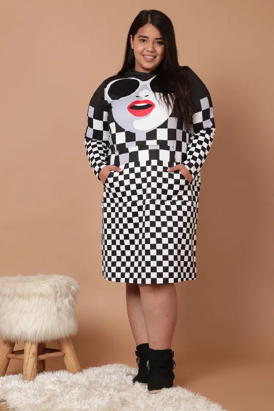 Plus Size Bold Face Plaid Printed Sweatshirt Hoodie Winter Dress Hoodie with Hem Lace Feminine Delicate