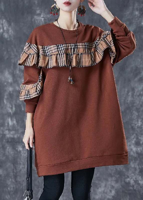 Ruffled Cotton Sweatshirts Dress Fall Hoodie with Embroidery Detailed Premium