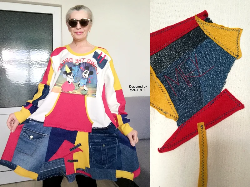 PLUS SIZE DENIM DRESS 3XL MAXI MICKEY MOUSE SWEATSHIRT DRESS Hoodie with Toggle Buttons Decorative Unique