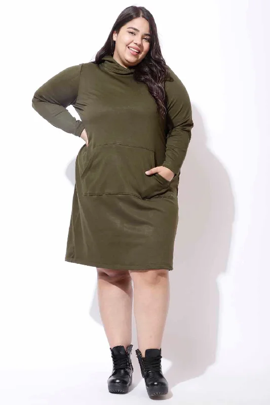 Plus Size Olive Sweatshirt Hoodie Winter Dress Hoodie with Hem Ribbing Snug Secure