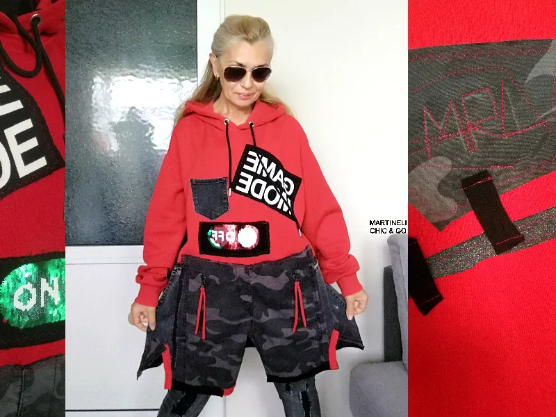 Plus Size Red Sweatshirt Dress 2XL Loose Camouflage Denim Dress Hoodie with Turtle Neck Cozy Winter