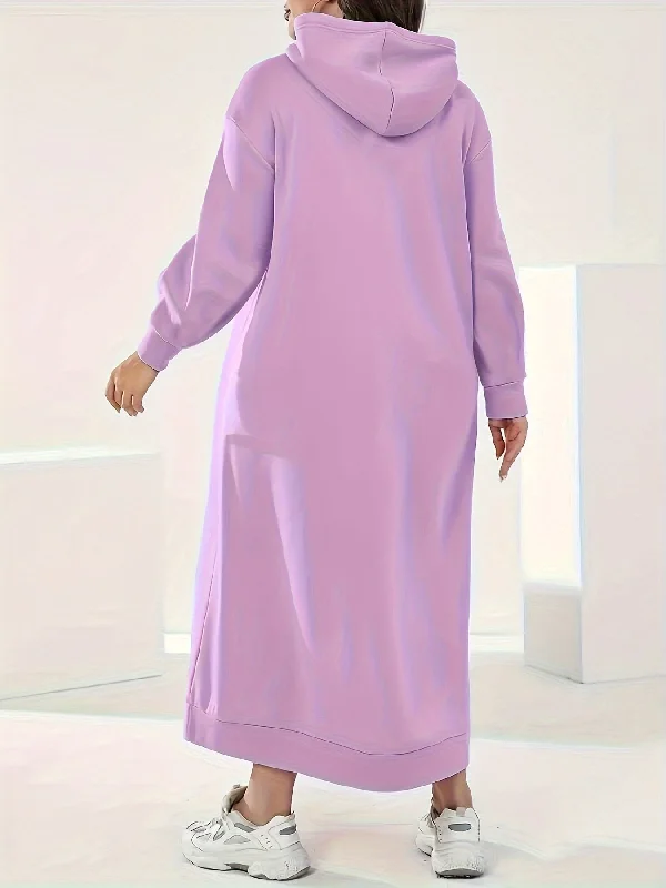 Plus Size Solid Hooded Sweatshirt Dress, Casual Long Sleeve Drawstring Kangaroo Pocket Maxi Dress For Fall & Winter, Women's Plus Size Clothing Oversized Hoodie Comfort Casual