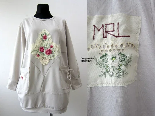 Plus Size Sweatshirt Dress,3X Beige Maxi Dress Hoodie with Hem Patch Decorative Personalized