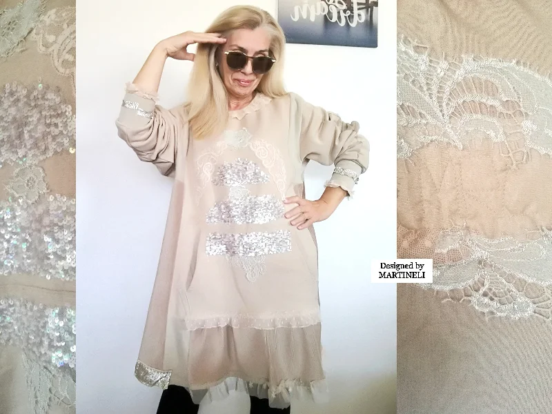 Plus Size Sweatshirt Dress 3XL Maxi Beige Cotton Top Hoodie with Batwing Sleeves Loose Dramatic