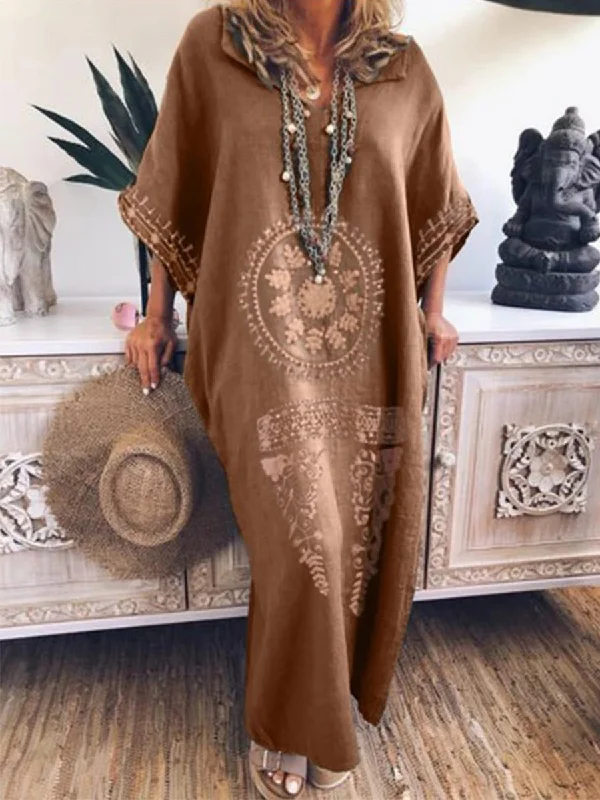 Print Three-Quarter Sleeve V-Neck Straight Pullover Dress Keyhole Neck Pullover