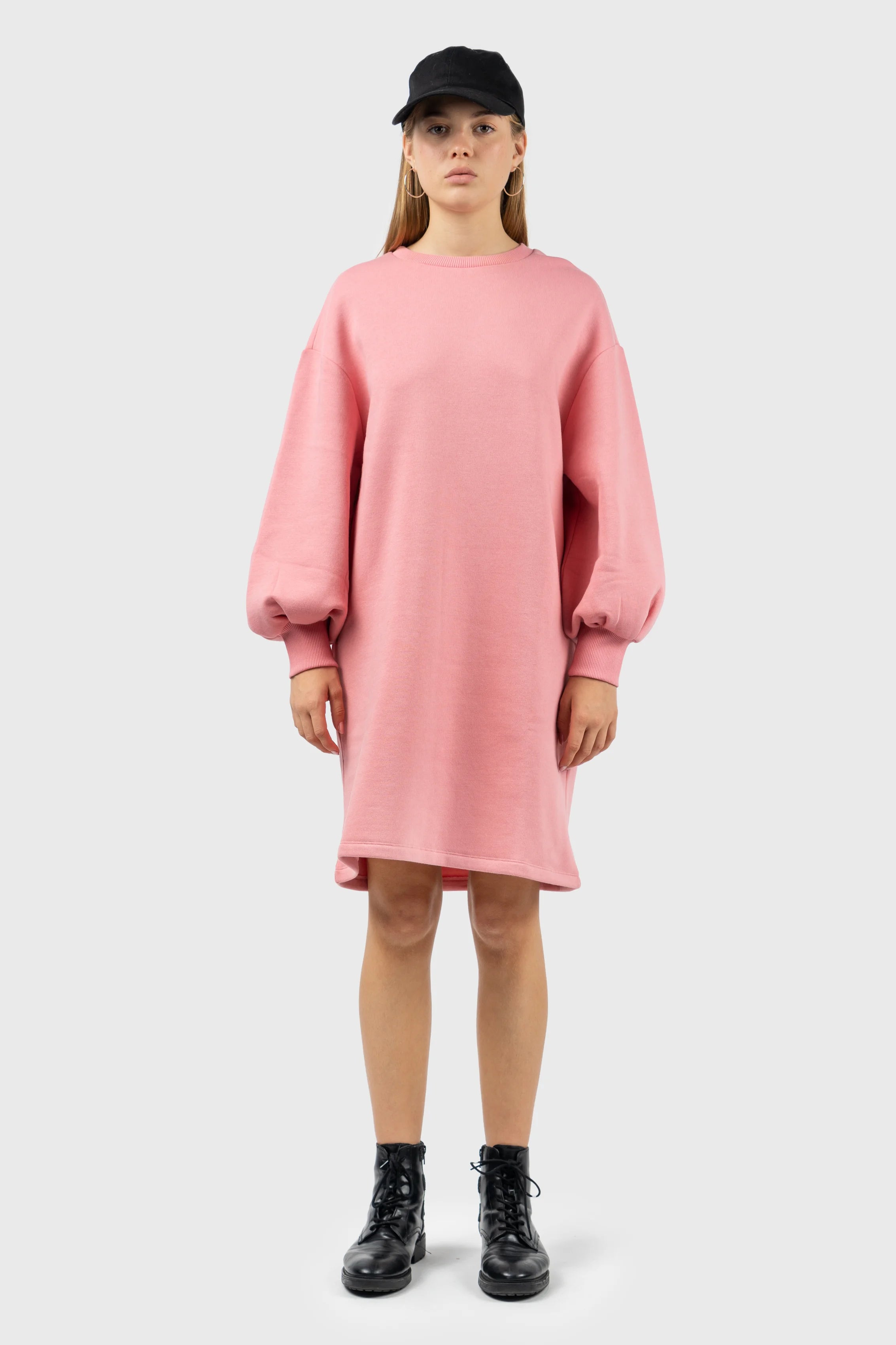 Pink Puff Sleeve Sweatshirt Dress Hoodie with Hem Detail Decorative Unique