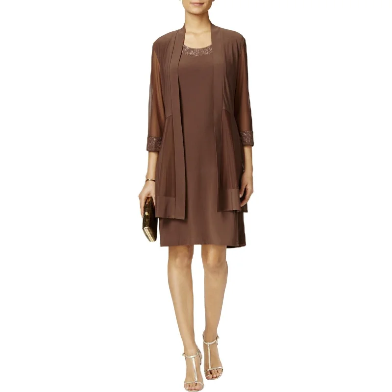 R&M Richards Womens 2PC Shimmer Dress With Cardigan Cable Knit Ribbed Knit Lace Knit