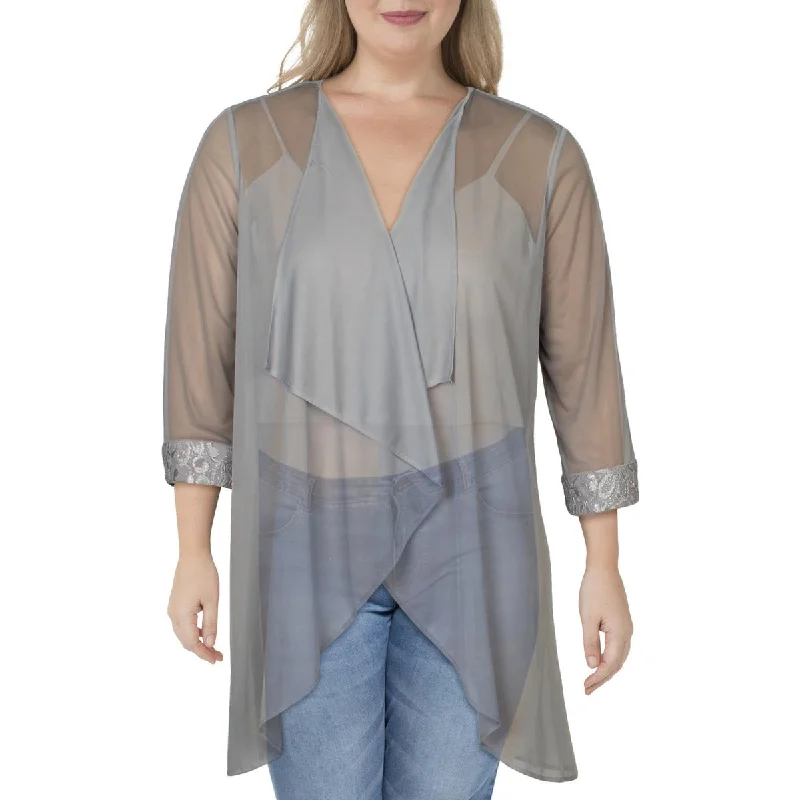 R&M Richards Womens Drapey Open Front Cardigan Top Chenille Brocade Lace