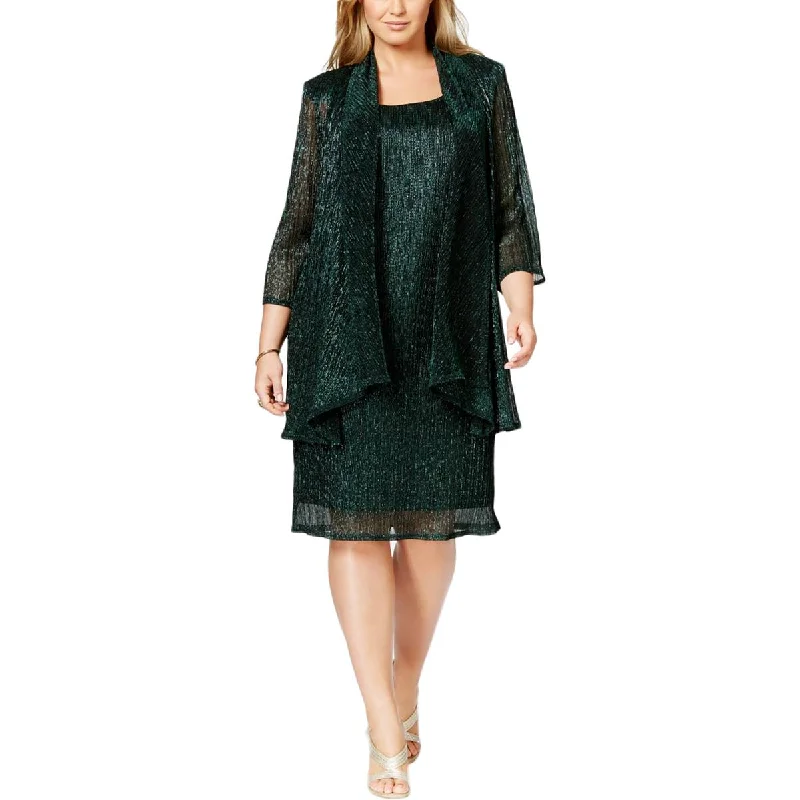 R&M Richards Womens Plus Metallic 2PC Dress With Cardigan Slim Fit Regular Fit Oversized