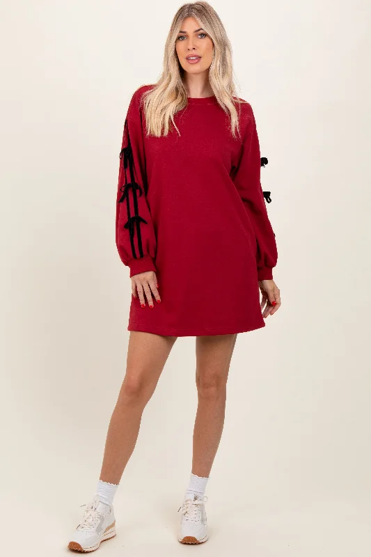 Red Bow Detail Long Sleeve Sweatshirt Mini Dress Hoodie with Belted Waist Structured Tailored