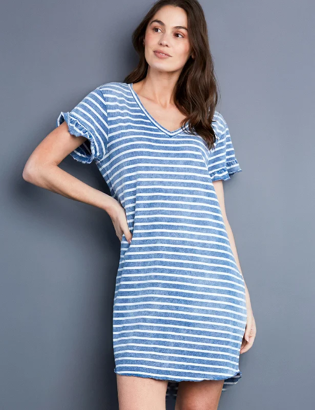 Ruffle V Neck T-Shirt Dress Zippered Buttoned Snapped