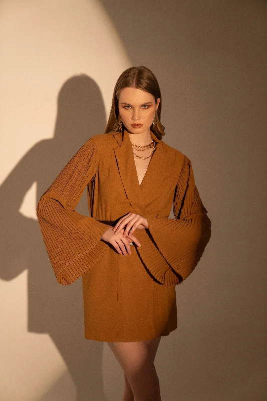 Sand Beige Pleated Sleeves Blazer Dress Women's Luxurious Jacket