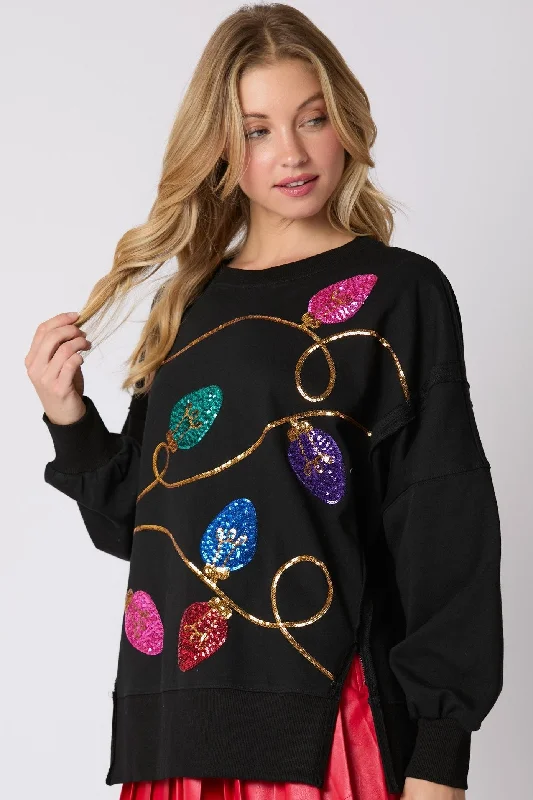 String Lights Sequin Sweatshirt Hoodie with Ribbed Neckline Snug Warm