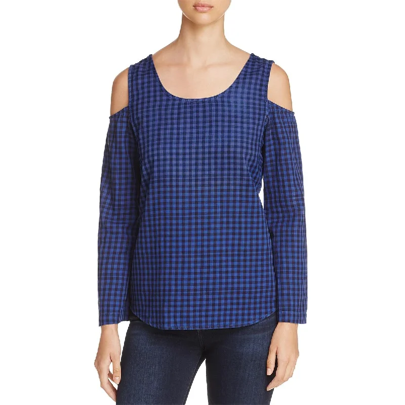 Side Stitch Womens Cold Shoulder Plaid Pullover Top High Neck Pullover
