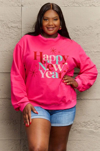 Simply Love Full Size HAPPY NEW YEAR Round Neck Sweatshirt Hoodie with Crew Neck Simple Timeless