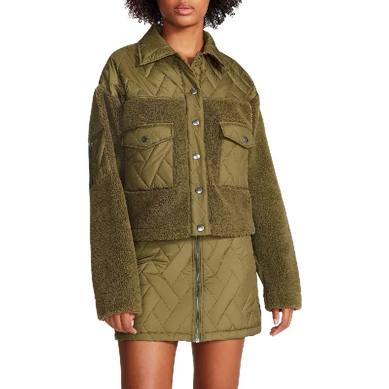 Steve Madden Womens Iris Faux Fur Quilted Faux Fur Coat Cropped Fleece Jacket