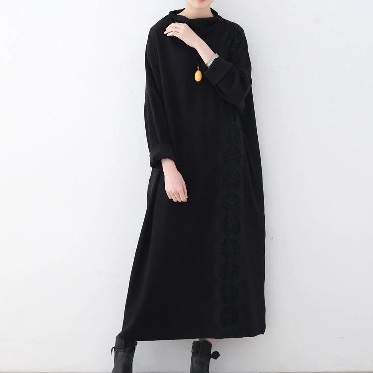 Stylish Black Knit Dress Plus Size Clothing O Neck Lace Pullover Sweater Fine Patchwork Asymmetric Dresses Sabrina Neck Pullover