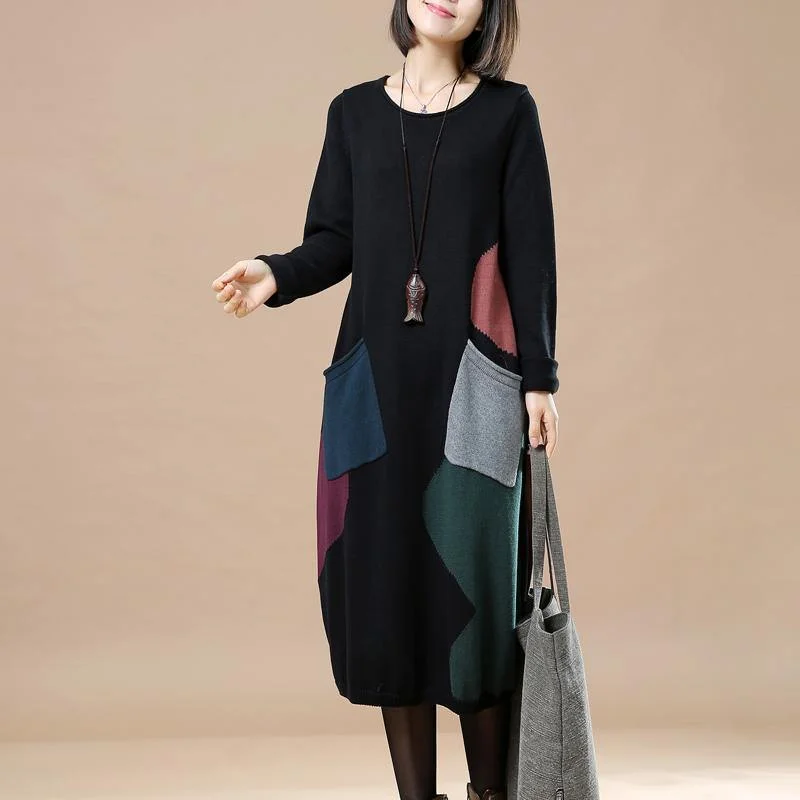 stylish black long sweaters dresses trendy plus size pullover casual  baggy pullover sweater patchwork Short Sleeve Top