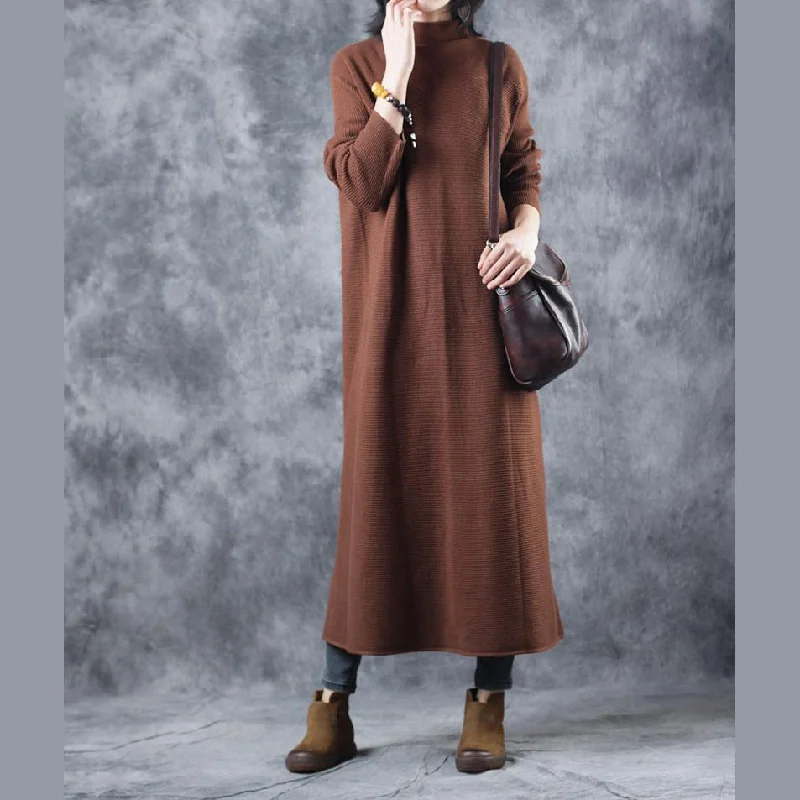 Stylish Brown Sweater Dress Loose Fitting High Neck Pullover Elegant Back Side Open Sweater Bell Sleeve Stylish