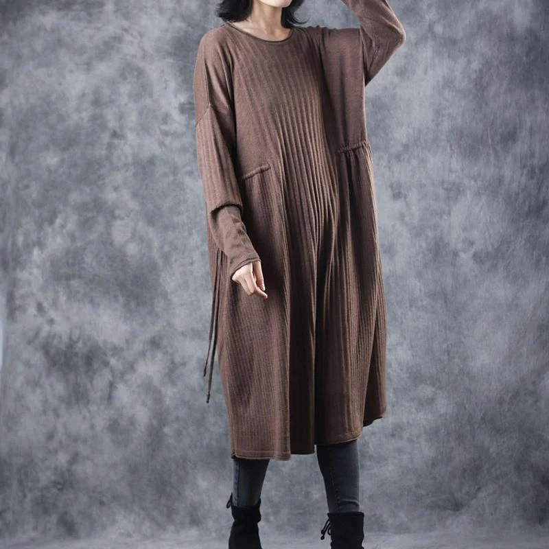 Stylish Chocolate Sweater Dress Fall Fashion O Neck Spring Dresses Women Tie Waist Pullover Batwing Sleeve Top
