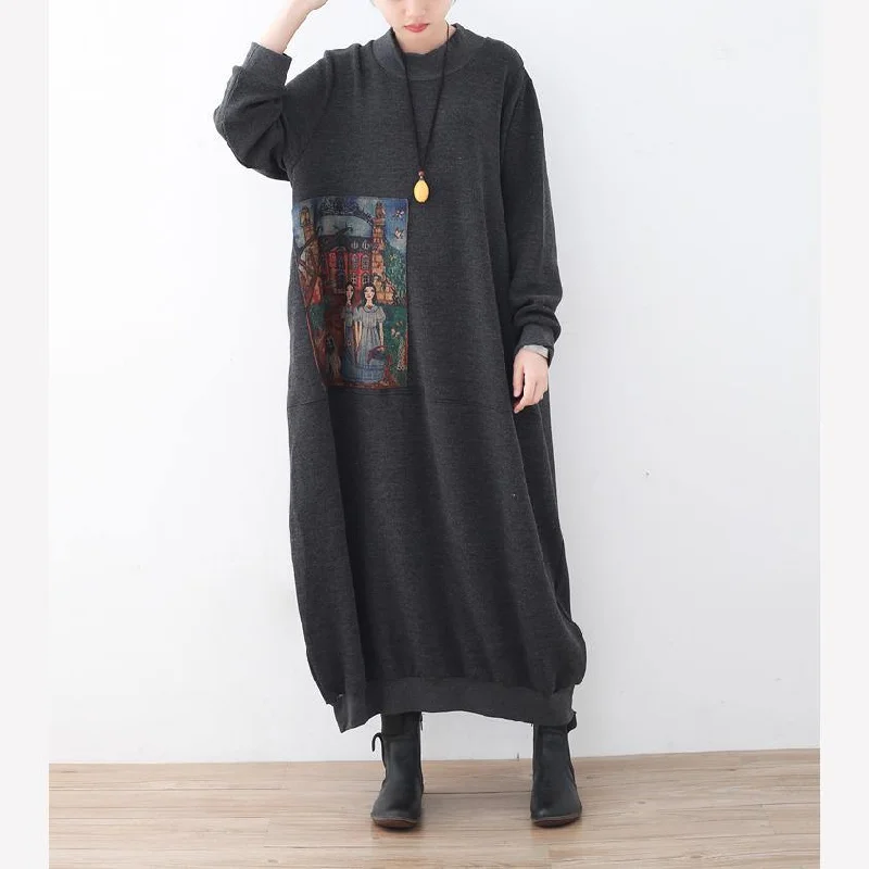 stylish dark gray sweater dress Loose fitting fall outfits sweater top quality patchwork asymmetric pullover sweater Plunging Neck Pullover