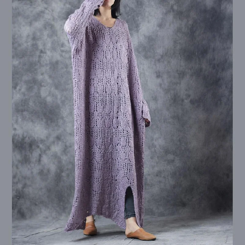 Stylish Light Purple Knit Dresses Loose Fitting V-Neck Sweater Women Hollow Out Pullover Set Sleeve Pullover