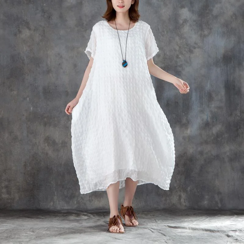 Stylish Linen Blended Sundress Trendy Plus Size Women Short Sleeve Plain White Pullovers Dress One Shoulder Top