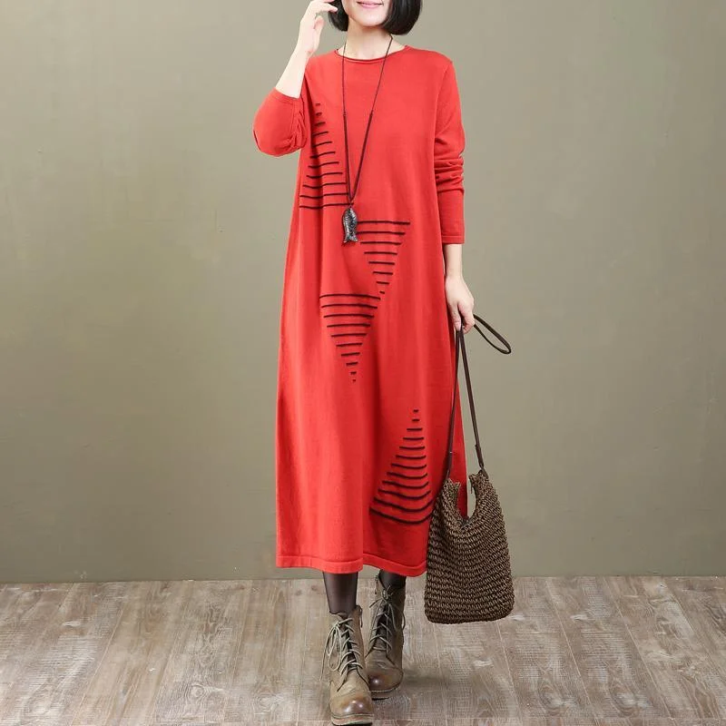 stylish red print knit dress plus size clothing pullover New long sweaters Peter Pan Collar