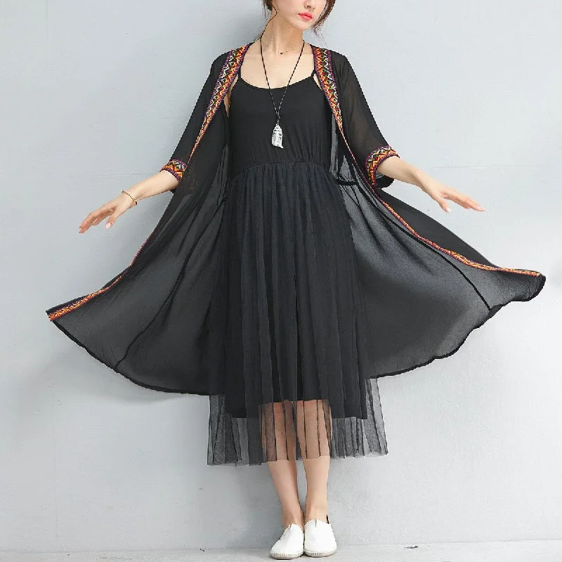 summer fashion black chiffon coat plus size embroidery sundress half sleeve cardigan Fleece Fabric Down Fabric Feather Fabric summer fashion black chiffon coat plus size embroidery sundress half sleeve cardigan Fleece Fabric Down Fabric Feather Fabric