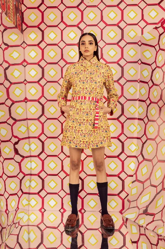 Tabriz Yellow Print Quilted Jacket Dress In Handloom Organic Cotton Silk Nylon Jacket Polyester Jacket Spandex Jacket Tabriz Yellow Print Quilted Jacket Dress In Handloom Organic Cotton Silk Nylon Jacket Polyester Jacket Spandex Jacket