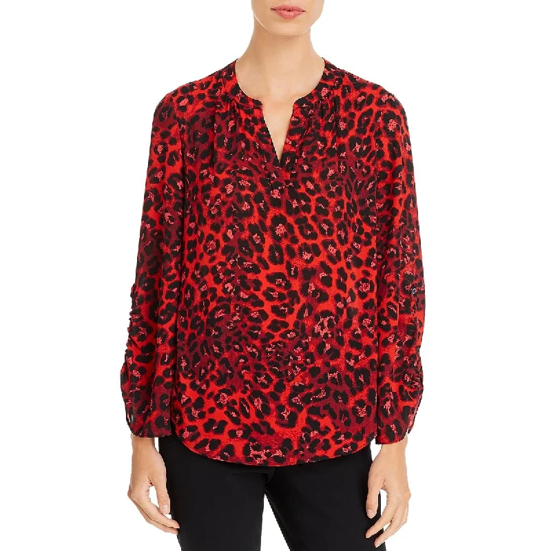 Tahari Womens V Neck Ruched Pullover Top Faux Fur Trim