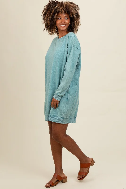 Teal Mineral Wash Sweatshirt Dress Hoodie with Strings Custom Fit Adjustable