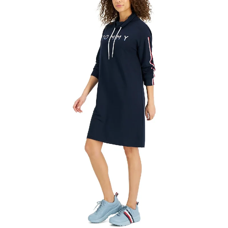 Tommy Hilfiger Womens Above Knee Drawstring Sweatshirt Dress Hoodie with Hem Patch Decorative Personalized Tommy Hilfiger Womens Above Knee Drawstring Sweatshirt Dress Hoodie with Hem Patch Decorative Personalized