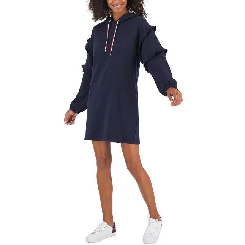 Tommy Hilfiger Womens Hooded Ruffled Sweatshirt Dress Hoodie with Hidden Zipper Minimalist Clean