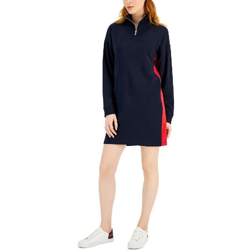 Tommy Hilfiger Womens Knit Mock Neck Sweatshirt Dress Hoodie with Drawstring Waist Adjustable Fitted Tommy Hilfiger Womens Knit Mock Neck Sweatshirt Dress Hoodie with Drawstring Waist Adjustable Fitted
