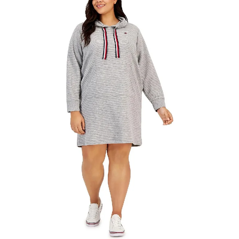 Tommy Hilfiger Womens Plus Hooded Ribbed Sweatshirt Dress Hoodie with Zipper Placket Modern Functional
