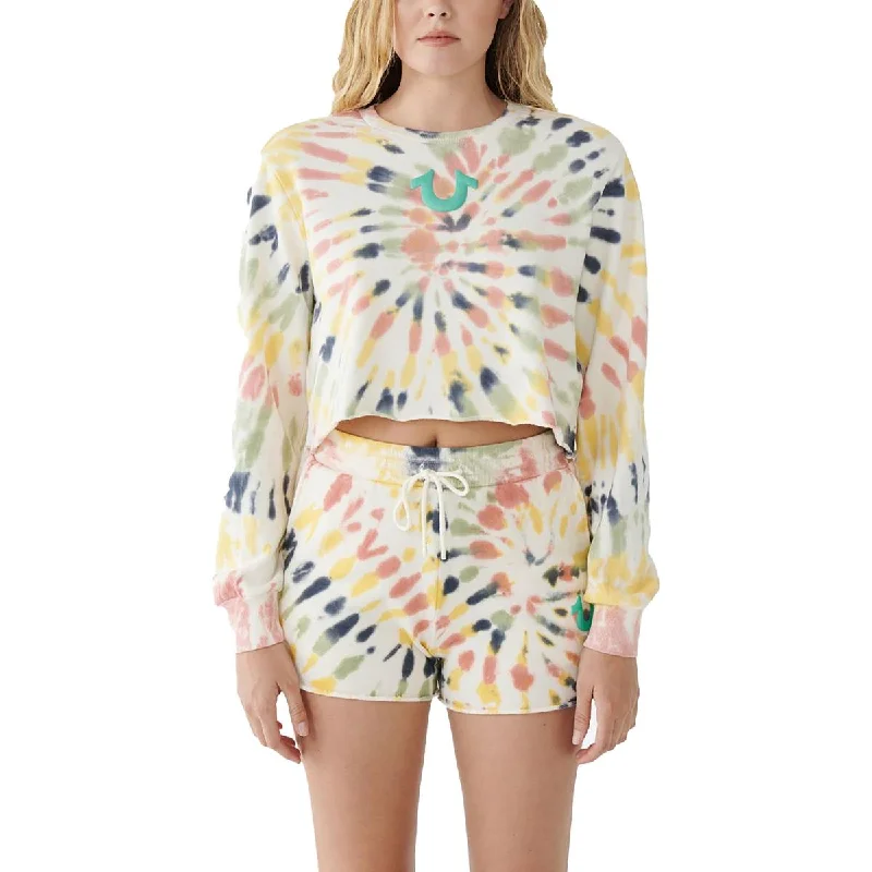 True Religion Womens Tie Dye Cropped Sweatshirt Hoodie with Mock Neck Collared Structured