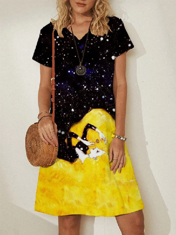 V-neck Pullover Short Sleeve Loose Dress Long Sleeve Pullover