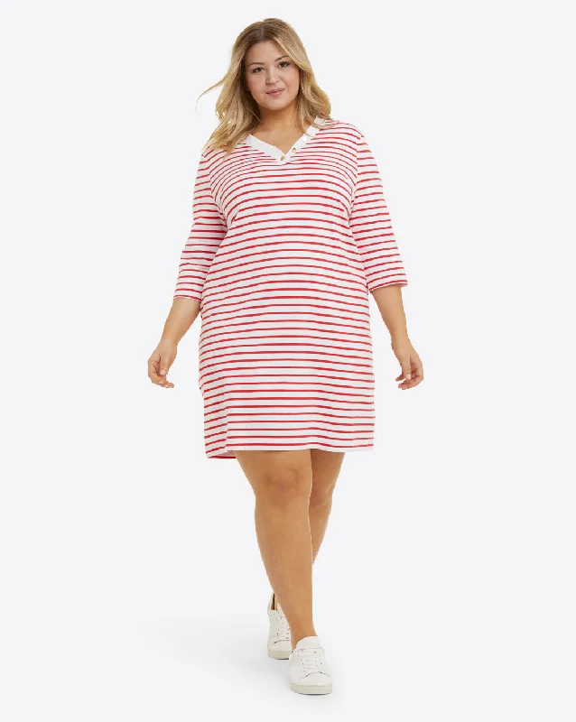 V-Neck T-Shirt Dress in Lipstick Red Mariner Stripe Zippered Front Buttoned Front Snap Front V-Neck T-Shirt Dress in Lipstick Red Mariner Stripe Zippered Front Buttoned Front Snap Front