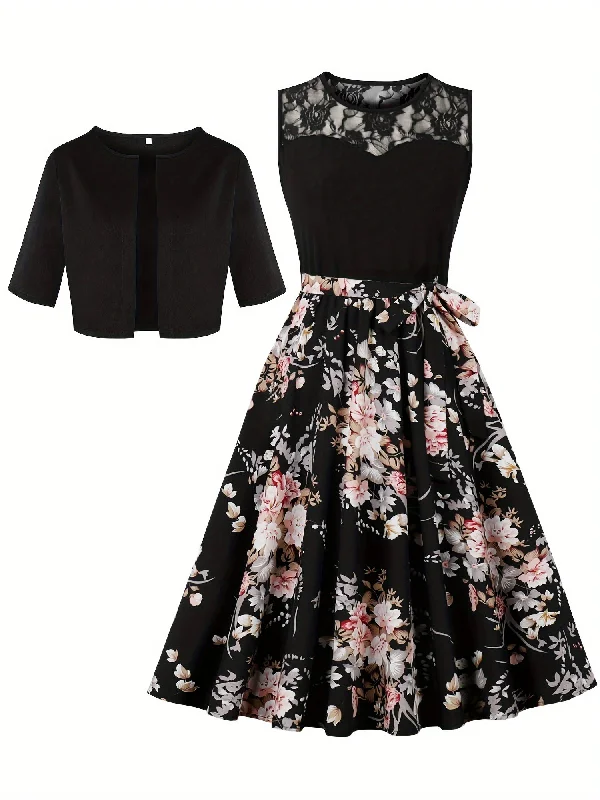 Vibrant Floral Print Dress Set - Elegant and Sophisticated Outfit with Stylish Solid Color Open Front Outerwear and Delicate Contrast Lace Crew Neck Dress - High-Quality Womens Clothing for Special Occasions Fitted Faux Suede Blazer Vibrant Floral Print Dress Set - Elegant and Sophisticated Outfit with Stylish Solid Color Open Front Outerwear and Delicate Contrast Lace Crew Neck Dress - High-Quality Womens Clothing for Special Occasions Fitted Faux Suede Blazer