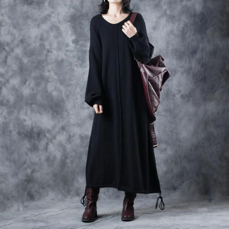 Vintage Black Sweater Dress Plus Size O Neck Drawstring Pullover Lantern Sleeve Winter Dress Short Sleeve Top