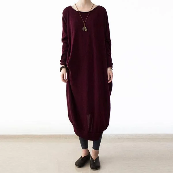vintage burgundy knit dresses fall fashion o neck pullover women low high design long knit sweaters Honey Neck Pullover
