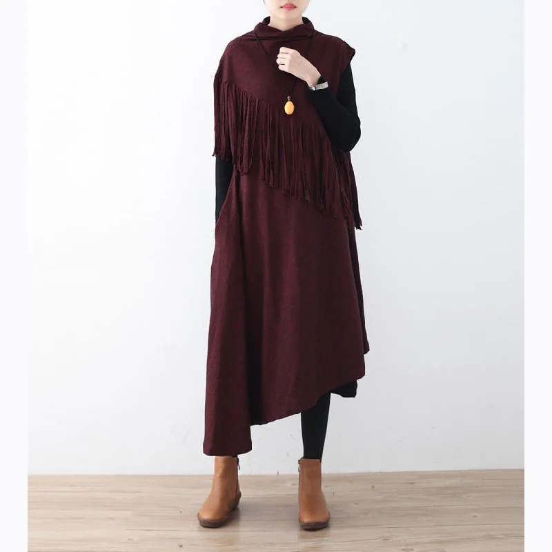 vintage burgundy knit dresses trendy plus size tassel winter dress Elegant asymmetric hem pullover Scalloped Neck Pullover vintage burgundy knit dresses trendy plus size tassel winter dress Elegant asymmetric hem pullover Scalloped Neck Pullover