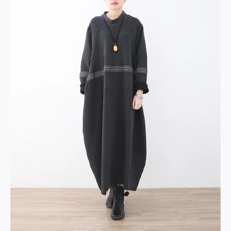 Warm Black Knit Dresses Loose Fitting Patchwork Long Knit Sweaters High Neck Pullover One Shoulder Top